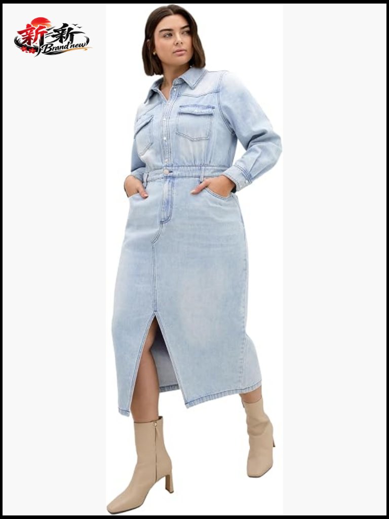 Plus Size Stretch Denim Shift Dress With Pockets Long Sleeve Button Front